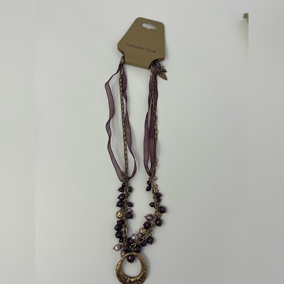 Coldwater Creek Amethyst and Gold Pressed Leaf Beaded Necklace - Picture 1 of 8